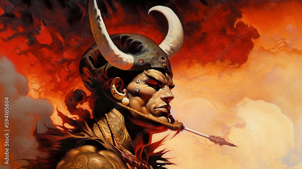 Poster a painting of a man with horns and a sword. ai generative image
