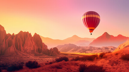 Fototapeta na wymiar A hot air balloon flying over a mountain range. AI generative image