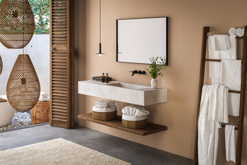 Stylish bathroom with beige walls, concrete flooring, bathtub, vanity, towels, accessories, plants, and a stunning backyard view. Modern minimalist design with natural warmth. 3d Rendering