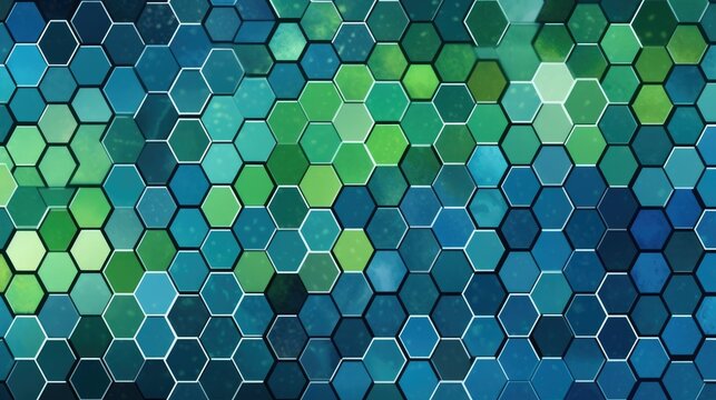 Fototapeta Geometric mosaic of green and blue honeycomb shapes