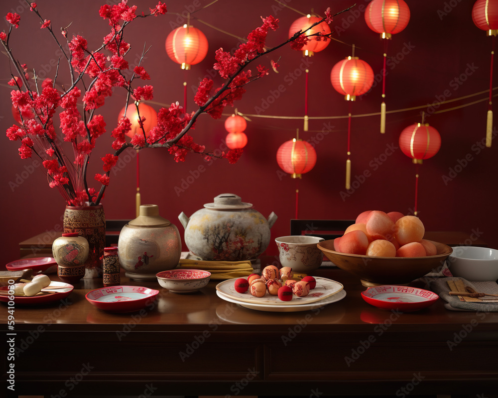 Poster a table topped with plates and bowls filled with food. ai generative image