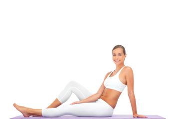 Yoga, fitness and woman portrait on floor isolated on transparent, png background for peace, calm and meditation. Exercise, relax and happy person on pilates break, body wellness and holistic workout