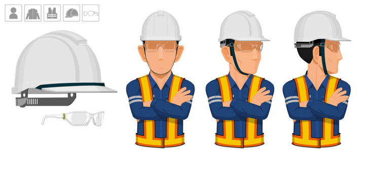worker with helmet and glasses on white background