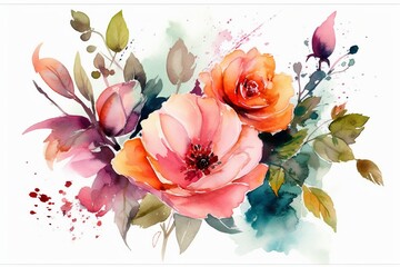 Seamless bouquet of flowers watercolor Illustration. leaves, colorful flowers, rose, peony and branches, for wedding stationary, greetings, textile, wallpapers, fashion, backgrounds, wrappers, card