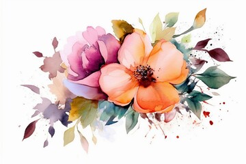 Seamless bouquet of flowers watercolor Illustration. leaves, colorful flowers, rose, peony and branches, for wedding stationary, greetings, textile, wallpapers, fashion, backgrounds, wrappers, card