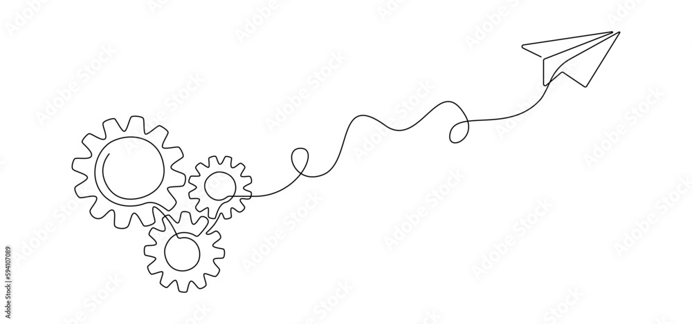 Poster gears wheels and paper plane in one continuous line drawing. machinery cogwheels in simple linear st