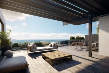 Fototapeta na wymiar Views across outdoor living area, terrace outlook 3D rendering. Generative AI