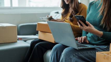 Checking clients address, Young pretty Asian female influencer small businesses SME owners female...