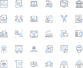Management training line icons collection. Leadership, Communication, Delegation, Motivation, Teamwork, Goal-setting, Time-management vector and linear illustration. Decision-making,Conflict