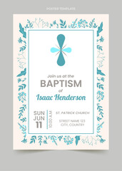 Baptism Invitation Card Blue editable Design, with flowers and cross
