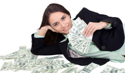 Lying Businesswoman Holding Money - Isolated