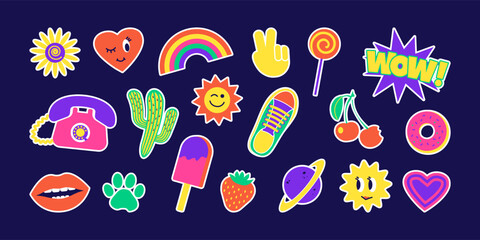 Y2K retro sticker vector design, vintage trendy, funny girl set 90s on dark purple background. Cartoon hipster collage. Modern illustration