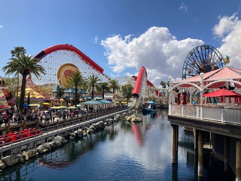 Anaheim, California, United States - March 29th, 2023: A view of the incredicoaster at Pixar Pier on a spring day at California Adventure Park, Anaheim, California