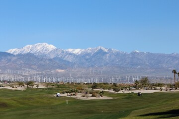 A view of a beautiful scenic landscape on a sunny day, with Palm Trees and huge mountains in the background, where people come to golf, in Palm Springs, California, United States - Powered by Adobe
