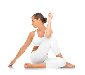 Yoga, fitness and woman on floor stretching on isolated, transparent and png background. Meditation, pose and girl stretch for flexible, training or balance exercise, zen and peace, relax and routine