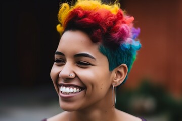 African American LGBTQ black woman smiling with short colored hair, pride month rainbow flag colors, close up face portrait of happy beautiful hispanic cheerful girl with colorful hair, generative AI