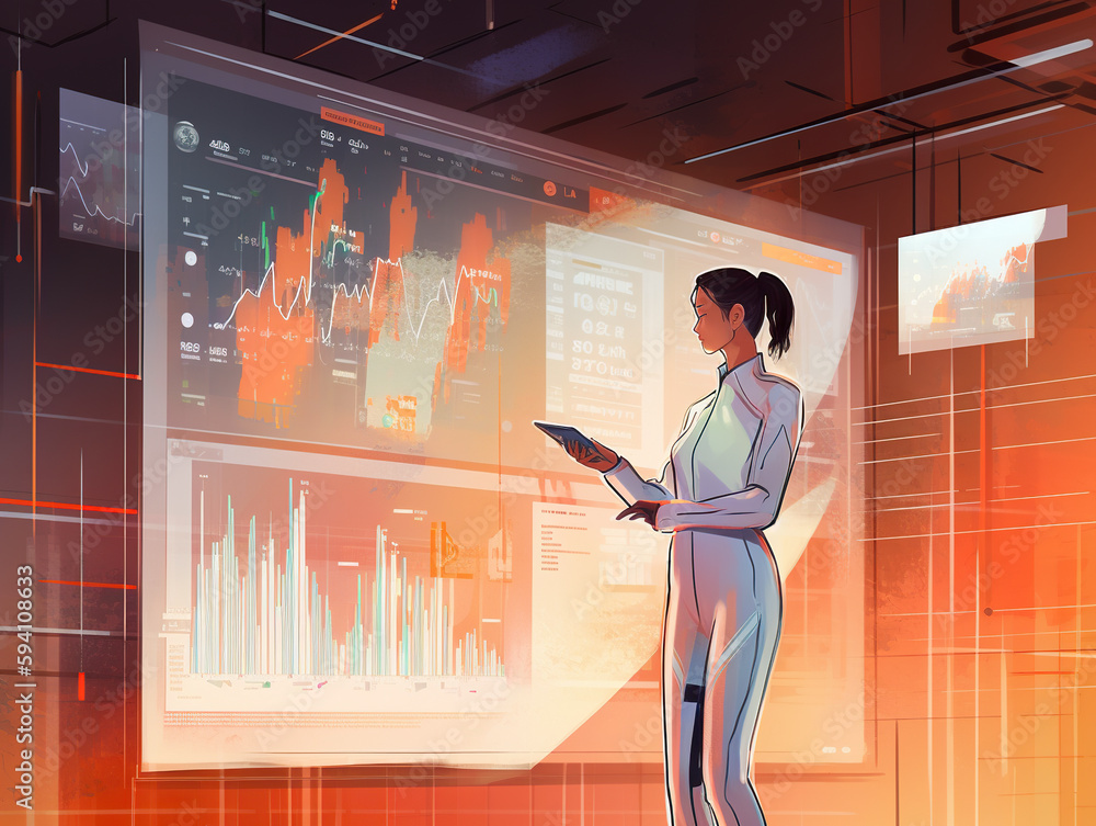 Poster a woman standing in front of a projection screen. ai generative image