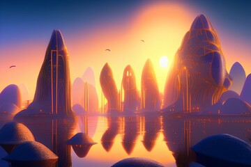 Alien city on an island, realistic and scenic, detailed full color - generative ai
