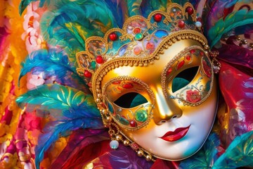 Colorful Venetian Mask in Festive Background, Generative AI