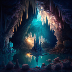 fantasy cave with crystal stalagmites Generative Ai