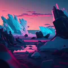 pink and blue neon lights on a rocky planet . neo-noir pink and blue rocky planet. cyberpunk style rocky planet, with pink and blue gradient neon lights. Generative Ai	