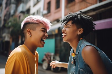 Fototapeta African American and asian LGBTQ non binary couple smiling and dancing, pride month rainbow flag colors, portrait of happy attractive gay couple, cheerful people with colorful hair, generative AI obraz