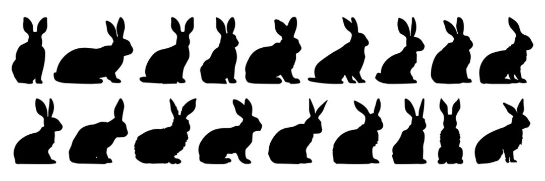 Rabbit silhouettes set, large pack of vector silhouette design, isolated white background
