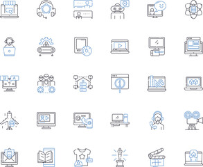 News agency line icons collection. Reporting, Journalism, Breaking, Current, Events, Investigating, Headlines vector and linear illustration. Coverage,Information,Updates outline signs set