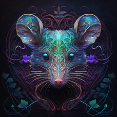 Image of rat face neon fluorescent on a black background Generative Ai printed on Printed Glass Splashbacks
