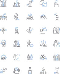 Duty assignment line icons collection. Responsibility, Allocation, Delegation, Obligation, Distribution, Mandate, Deployment vector and linear illustration. Placement,Tasking,Consignment outline signs