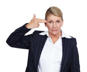 Portrait, suicide and PNG with a business woman isolated on a transparent background holding a finger gun. Mental health, burnout and depression with a senior female employee feeling overworked