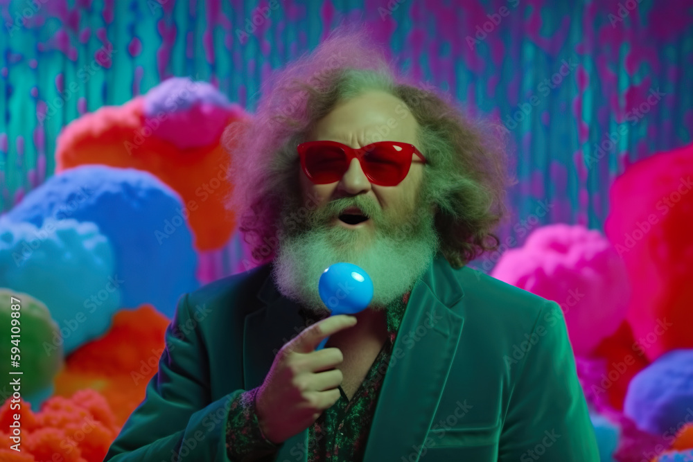 Poster a man with a beard and red sunglasses blowing a bubble. ai generative image