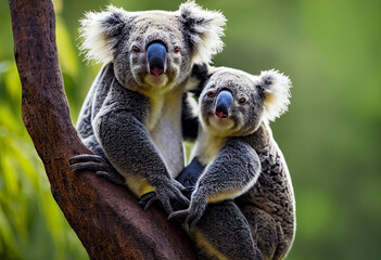 Fototapeta premium two koala bears sitting on eucalyptus tree in Australia, generative AI