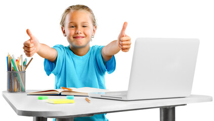 Little girl shows thumbs up gesture sitting at the desk with a laptop