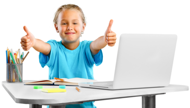 Little girl shows thumbs up gesture sitting at the desk with a laptop - Powered by Adobe