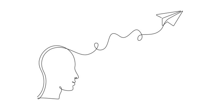 Person with confused feelings in one continuous line drawing. Men head profile who worried about mental health and paper plane in simple linear style. Editable stroke. Doodle vector illustration
