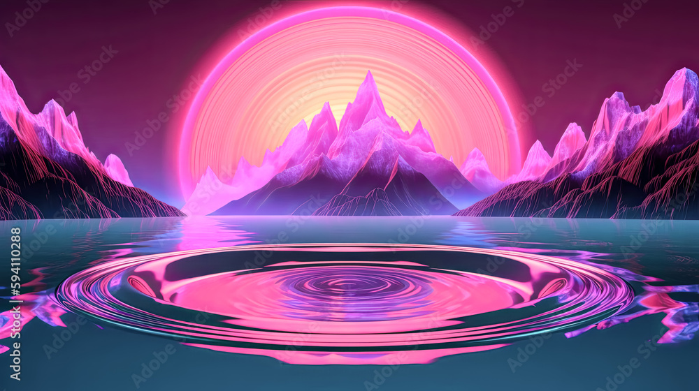 Aufkleber an abstract neon background with round geo shapes was 3d rendered - generative ai.