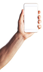 Human hand shows mobile smartphone with blank screen