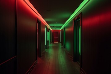Dark empty hallway with green and red lighting. Generative AI