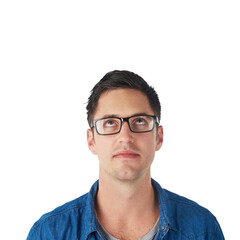 Fototapeta premium Thinking, idea and face of man looking up on isolated, transparent and png background. Planning, strategy and confused male with ideas, vision and doubt on empty space for choice, decision and option