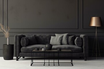 Living room interior with black sofa and empty grey wall. Generative AI