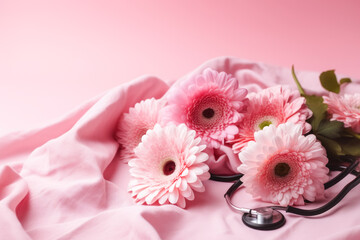 Cute bouquet of flowers, medical stethoscope, pink background. Festive composition for Doctor's Nurse's Day