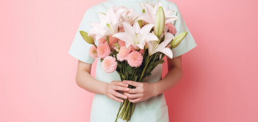 Woman doctor nurse holding a bouquet of flowers on a light pink background, copy space. AI generated, illustration