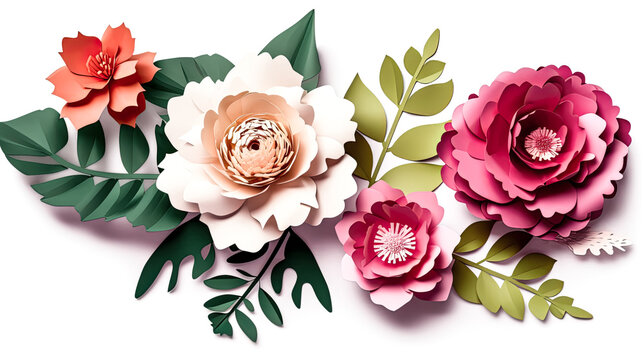 Paper flowers were isolated on a white background, creating a decorative image - generative ai