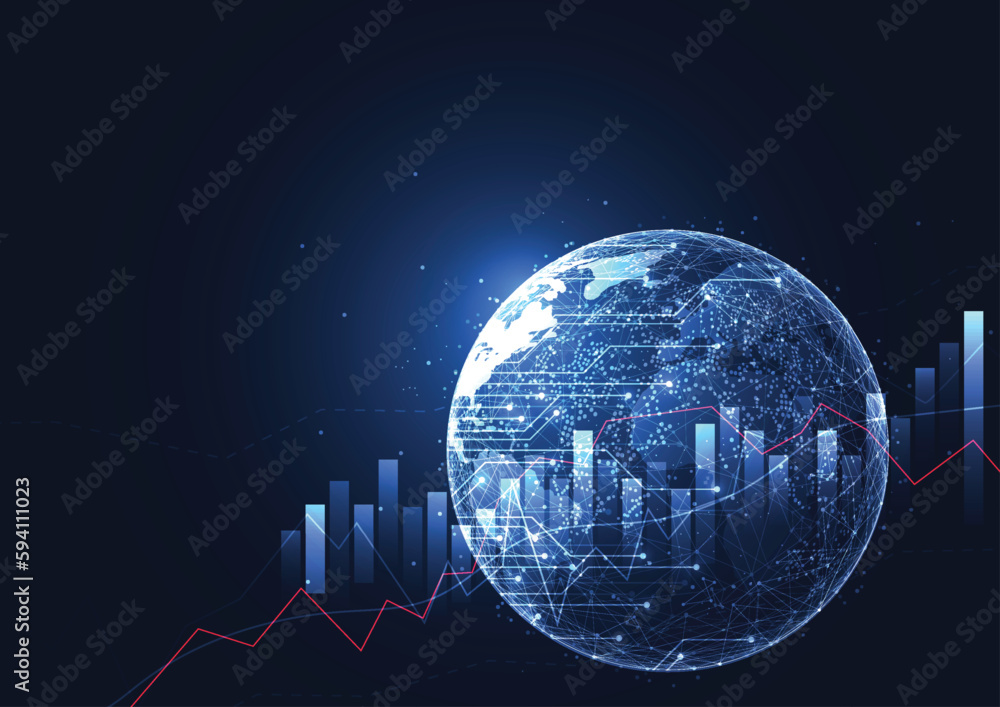 Poster global network connection with graph in futuristic concept for financial. world map point and global