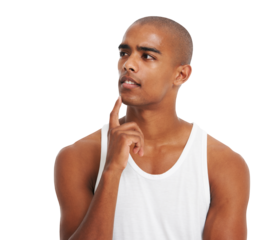 Thinking, confused and idea with man on png background for questions, problem solving and brainstorming. Doubt, Solution and wondering with male isolated on transparent for inspiration and focus