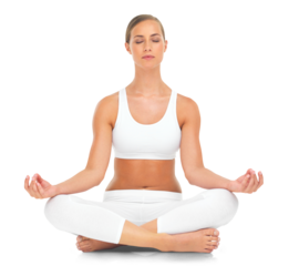 Lotus pose, yoga and woman fitness on isolated, transparent and png background. Sports, meditation and calm lady with zen, peace and relax during training, wellness and cardio exercise workout