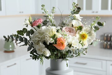 Beautiful bouquet of different fresh flowers indoors