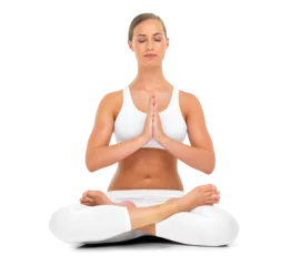 Fotobehang Lotus pose, praying hands and yoga by woman on isolated, transparent and png background. Sport, meditation and calm lady with zen, peace or relax during fitness training, wellness or workout exercise © Shubham/peopleimages.com