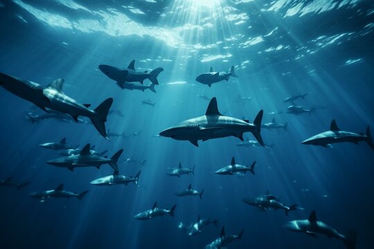 School of hammerhead sharks circling from above the ocean depths. 3d rendering. Generative AI